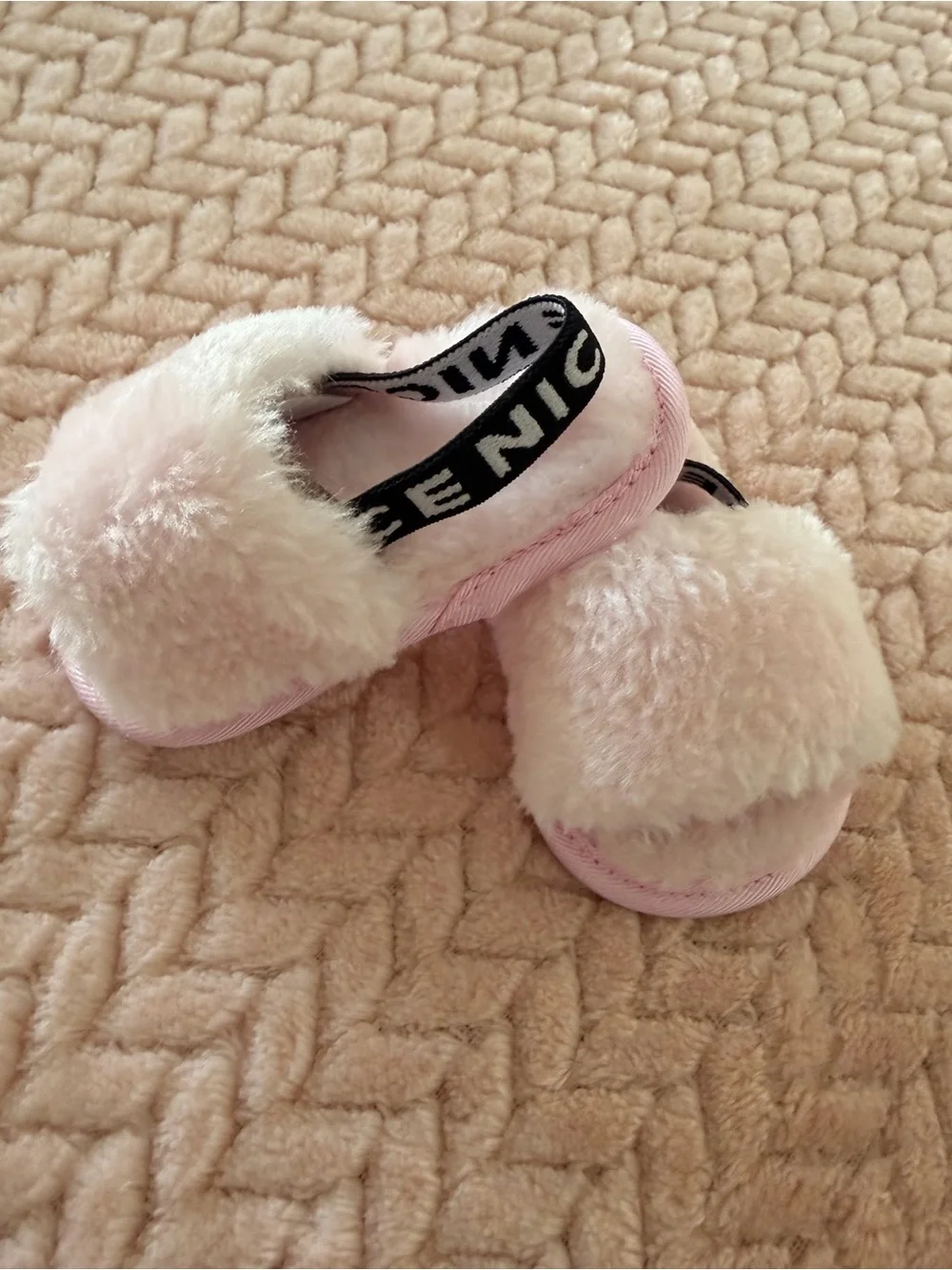 Newborn Baby Pink Fuzzy Slide Slippers with Elastic Back